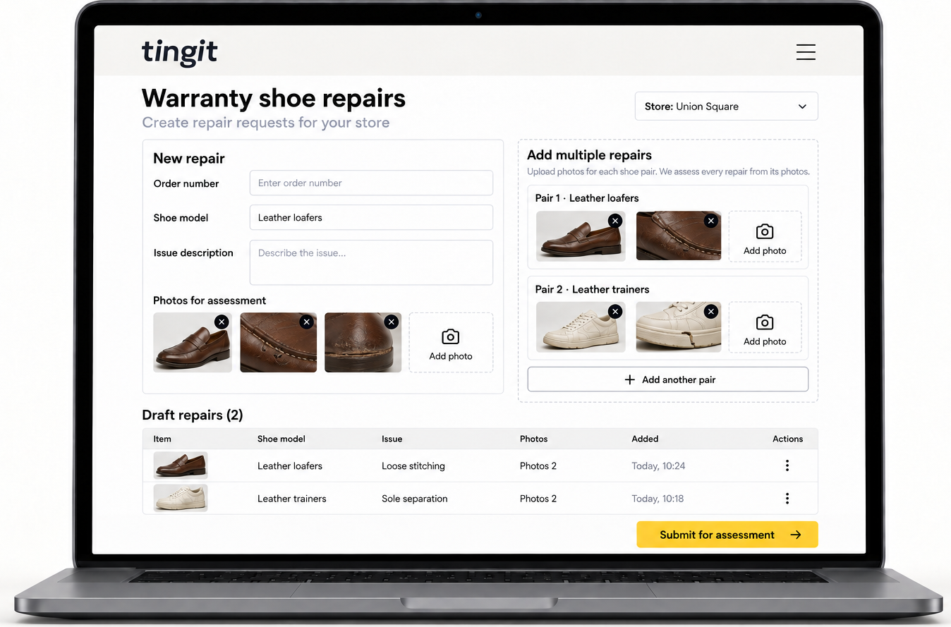 Tingit store interface for creating and tracking repairs